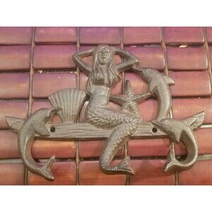 Vintage Cast Iron Mermaid & Dolphins Coat Rack 3 Hooks 8.5"x6"